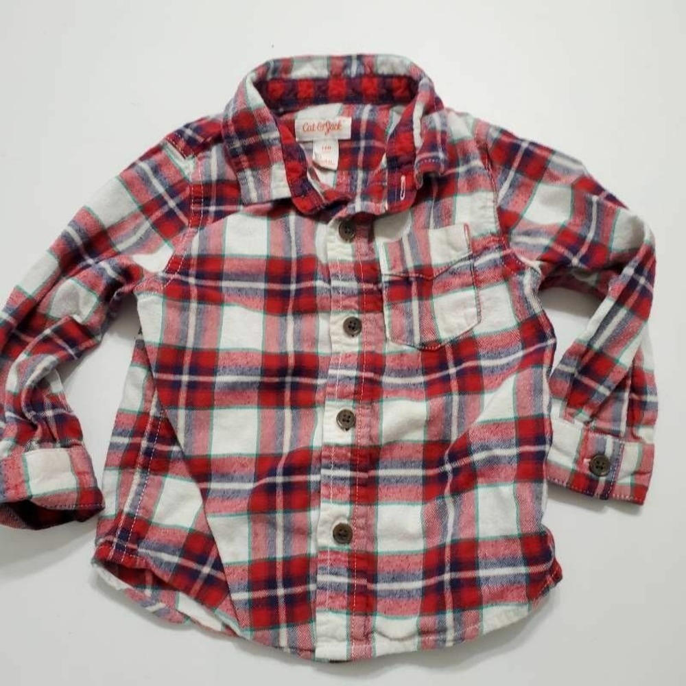 Cat & Jack Boys Button Front Shirt Red White Plaid Pocket Collar 100% Cotton 18M